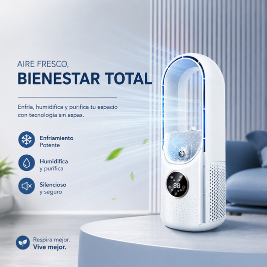Enfriador de aire portátil USB, ventilador eléctrico sin hojas, 6 velocidades, temporizador silencioso, Humidificador